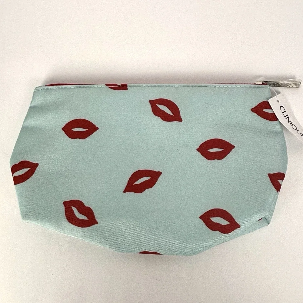 Clinique Kate Spade New York Zipper Cosmetic Bag for Make Up Aqua with Red Lips